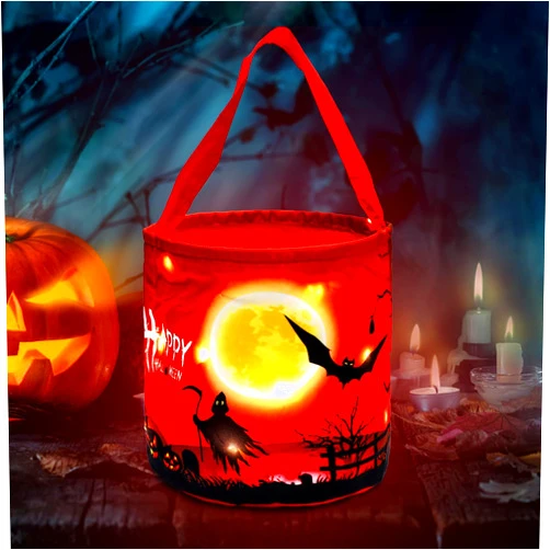 Hutuzldz Halloween Trick or Treat Candy Bags LED Light Up Pumpkin Bucket, Collapsible Reusable Candy Basket, Fabric Tote Gift Goody Bags for Kids Halloween Party (Red)