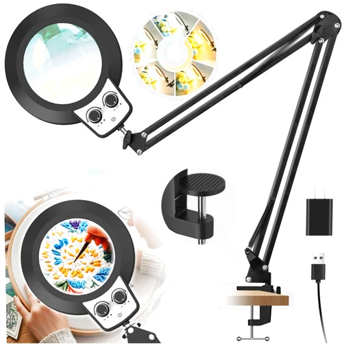 KUVRS 10X Magnifying Glass with Light, Infinite Color Modes, Long Arm LED Magnifying Lamp with Clamp, Mechanical Knob Dimmable, Hands Free Magnifier with Light for Painting Sewing Repair Close Work