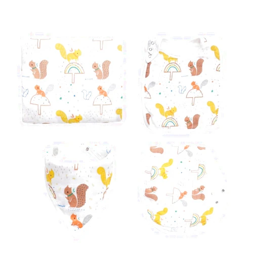 ZandH Global 4pc Squirrel Muslin Swaddle Blanket, Bibs and Burp Cloth Set for Baby Boys and Baby Girls - Soft, Beathable, and Multi-Purpose Receiving Blanket.
