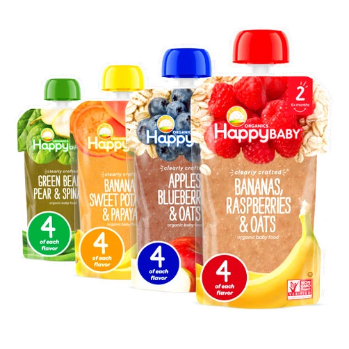 Happy Baby Organics Stage 2 Baby Food Pouches, Gluten Free, Vegan & Healthy Snack, Clearly Crafted Fruit & Veggie Puree, Fruit & Veggie Variety Pack, 4 Ounces (Pack of 16)