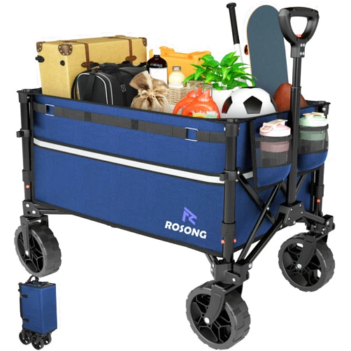 ROSONG Collapsible Wagon Cart with Wheels Foldable - Folding Utility Heavy Duty Wagons Carts for Grocery Sports Garden Shopping Camping Wheelbarrows,Navy Blue