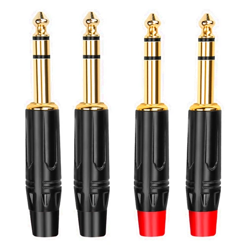 GOSYSONG 1/4 inch TRS Plug 4-Pack GOSYSONG Quarter inch Stereo Solder Type DIY Audio Connector, Heavy Duty 24K Gold-Plated for Repair Insert Cable Guitar/Microphone Cable-(Black*2+Red*2)