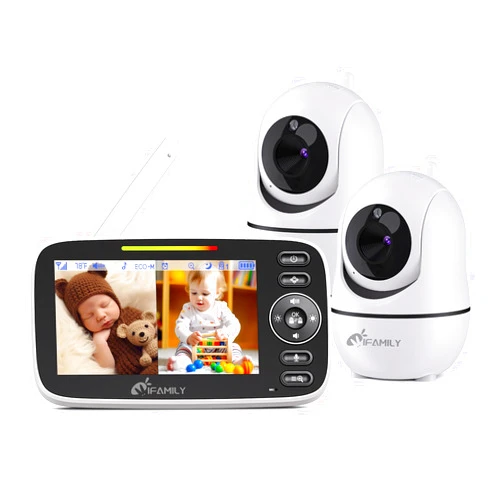 iFamily Split Screen Baby Monitor, Large Display Video Baby Monitor with 2 Cameras and Audio, Long Range, Remote pan tilt, Night Vision, Temperature Sensor, 2 Way Talk, Feeding Clock and lullabies.