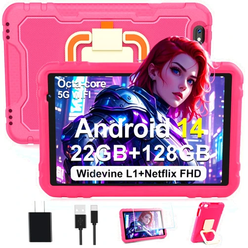 JUEDUR 2025 Android 14 Tablet, 10 inch Tablets 22GB+128GB +1TB Expand, 8000mAh Octa-Core Tablet w/ Drop-proof Case, HD IPS Display, GPS, 5G WIFI, Split Screen,Widevine L1, for Adults and Kids -Metal Rose Red