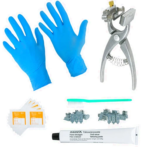 BOCCS Small Animal Complete Tattoo Kit with 0-9 and A-Z, Nitrile Gloves, and 5oz Black Paste for Identification of Sheep, Rabbits, Pigs, Goats, Cattle Livestock