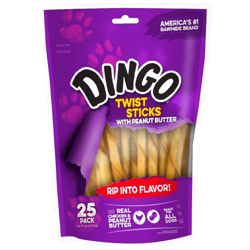 Dingo Twist Sticks with Peanut Butter, Rawhide Chew, 25 Count