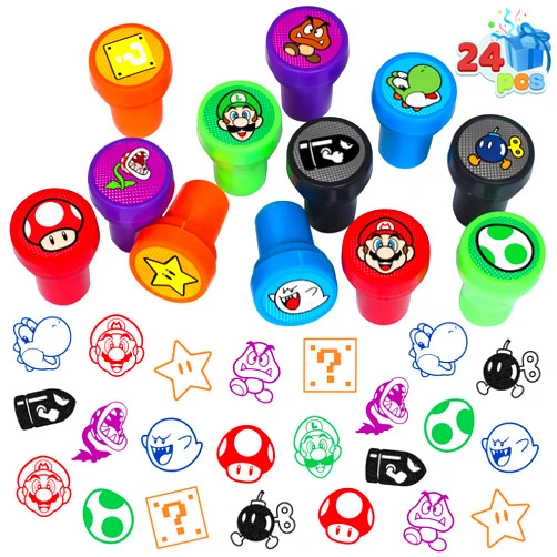 TEOY 24 Pcs Mario Themed Stampers for Kids, Mario Birthday Party Supplies Favors, Classroom Rewards Prizes, Goody Bag Treat Bag Stuff for Mario Birthday Party Gifts