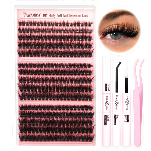 Yawamica DIY Lash Extension Kit Wispy Cluster Eyelash Extensions 10-18mm Fluffy Lash Clusters Kit 70D+80D+100D Volume Individual Lashes 300pcs Cluster Lashes with Bond and Seal and Lash Tweezers