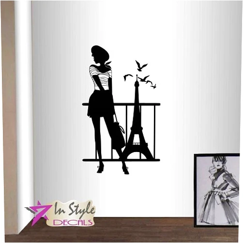 In-Style Decals Wall Vinyl Decal Home Decor Art Sticker Fashion Retro Woman Paris Aiffel Tower Style Boutique Beauty Salon Room Removable Stylish Mural Unique Design