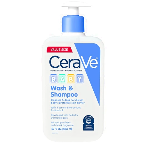 CeraVe Baby Wash & Shampoo, 2-in-1 Tear-Free for Skin Hair Fragrance, Paraben, Dye, Phthalates Sulfate Free Bath, Soap with Vitamin E 16 Ounce