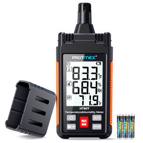 Protmex HT607 Temperature Humidity Meter High Precision Digital Hygrometer with Ambient, Relative Humidity, Dew Point, Wet Bulb Thermometer, Min/Max Hold, LCD Backlight with Cover Protector