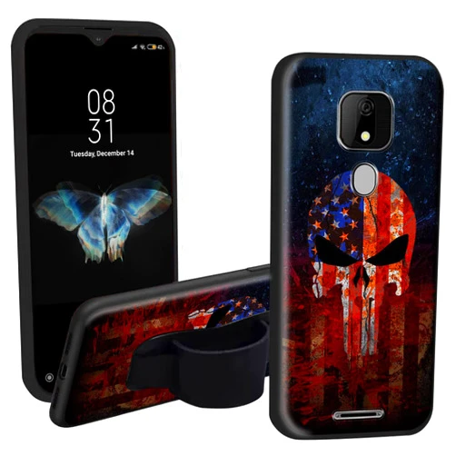 EDGFRTOIO Case for ANS Artia ACK2326 with Phone Loop Finger Holder, Elastic Hand Strap Grip Stand Case Shockproof Soft Printed TPU Graphic Cover for ANS Artia ACK2326, Death Skull American Flag