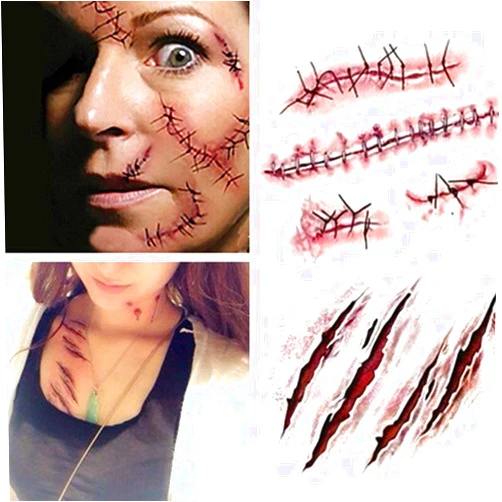 HOTOP Cosplay Makeup Joke Scratch Wound Scab Blood Scar Tattoos Temporary Tattoo Sticker Wound Zombie Scars(10pcs)