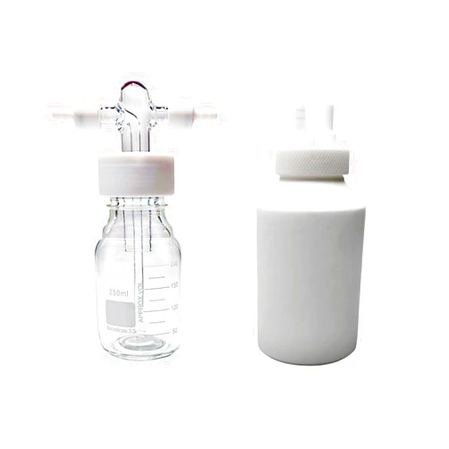 LEINZZO Gas Washing Bottle, With Thread and PTFE Conduit Accessories, Borosilicate Glass/PTFE GL45 Solvent Buffer Bottle, Corrosion Resistance 100~5000mL Volume (500mL, Glass+PTFE Accessories)