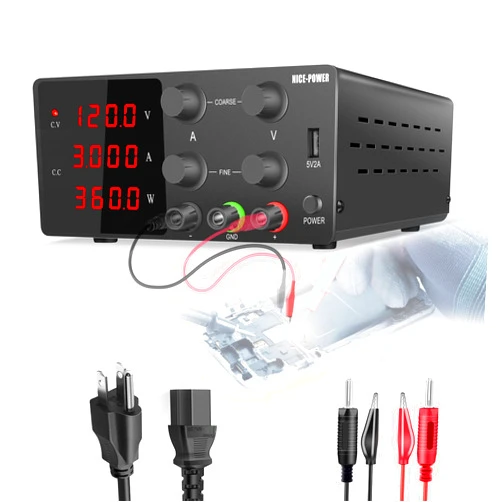 NICE-POWER DC Power Supply Variable, 120V 3A Adjustable Bench Power Supply with Coarse/Fine Adjustments Knob, Switching DC Regulated Power Supply Stable Output, 4-Digits LED Display, 5V/2A USB Port