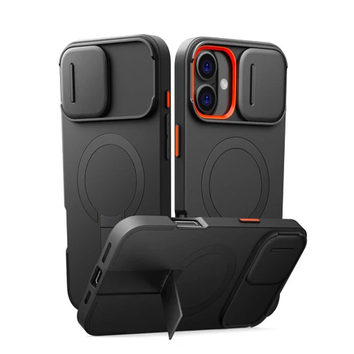 SURITCH for iPhone 16 Plus Case with Magnetic Camera Slide Cover and Adjustable Kickstand, Compatible with MagSafe, Shockproof Bumper Case Slim Protective Cover for iPhone 16 Plus 6.7 Inch, Black
