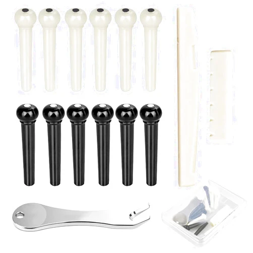 Jinlop 12 Pcs Acoustic Guitar Bridge Pins String Pegs with Bridge Pin Puller Remover and Guitar Bridge Saddle Nut, Guitar Pegs Parts Replacement Tool & Compatible with Most Guitar