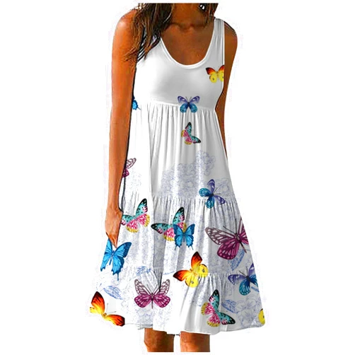 Eduavar Summer Beach Dresses for Women 2024 Casual Summer Dresses for Women Crew Neck Sleeveless Floral Print Ruffle Dress