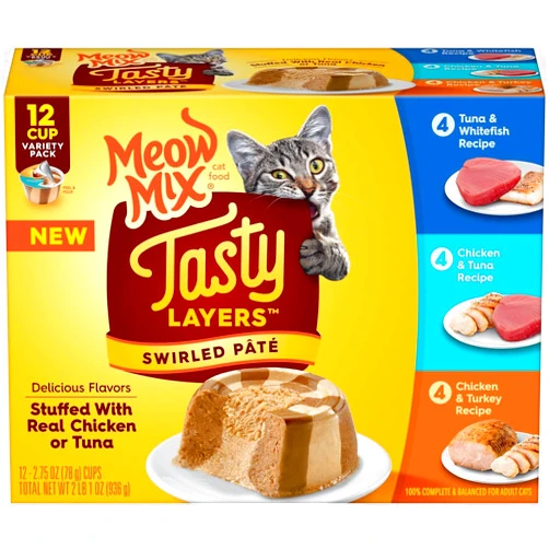 Meow Mix Tasty Layers Swirled Paté Wet Cat Food Variety Pack, 2.75 Ounce Cup (Pack of 48)