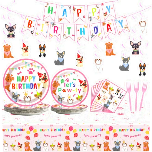 Tevxj Dog Themed Party Decorations Set Including Dog tableware Set Serves 24 Guests Banners Cupcake Toppers Balloons Swirls Swirls card Aluminum foil balloon For Pink Dog Party Supplies And Baby Shower