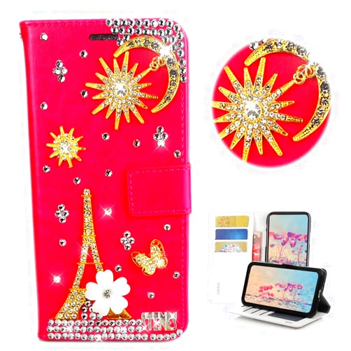 STENES Bling Wallet Phone Case Compatible with Samsung Galaxy S21 Ultra Case - Stylish - 3D Handmade Sun&Moon Eiffel Tower Flower Butterfly Glitter Magnetic Wallet Stand Leather Cover Case - Red