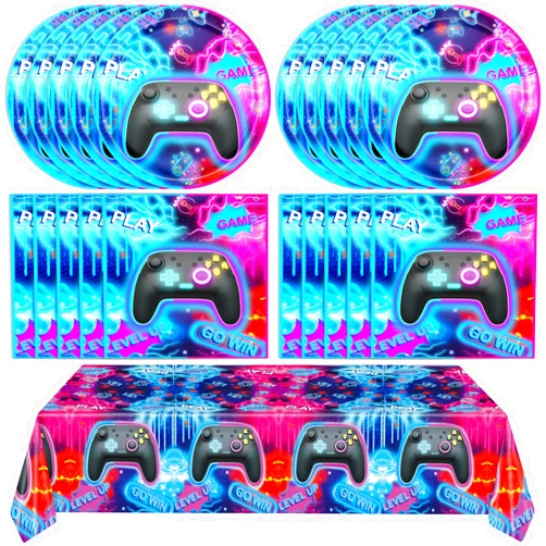Mainivo 41Pcs Video Game Birthday Decorations Gaming Party Tableware Set Include Video Game Paper Plates Napkins Tablecloth丨Kids Boys Girls Gaming Birthday Party Decorations Supplies(Blue),Serve 20