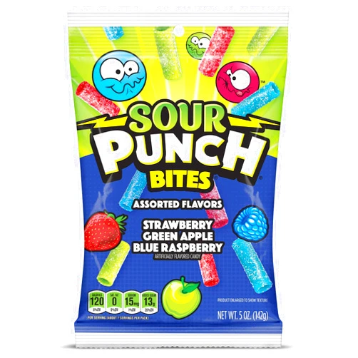 Sour Punch Bites, Assorted Sweet & Sour Fruit Flavors, Chewy Candy, 5 Ounce (Pack of 12)