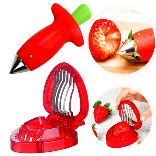Slowtee 3pcs Strawberry Slicer/Cutter/Corer, Strawberry Huller Fruit Leaf Stem Remover Salad Cake Tools for Kitchen Gadget Accessories, 2 Leaf Stem Removers, 1 Cutter