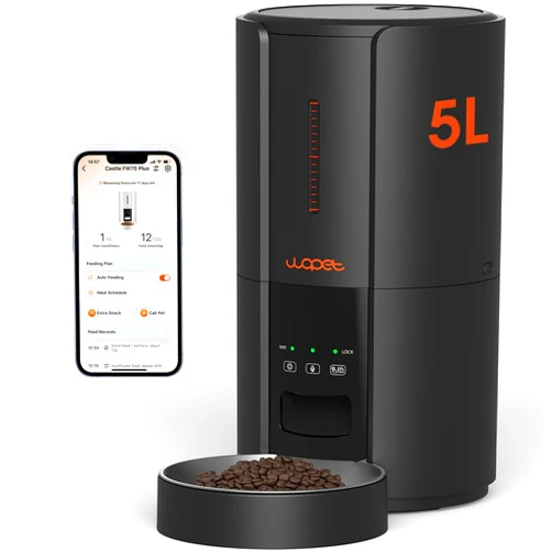 WOPET Automatic Cat Feeders,5L WiFi Pet Feeder with APP,Schedule Feeding Pet Dry Food Dispenser for Cats,10s Voice Recording,Up to 10 Meals per Day,Black