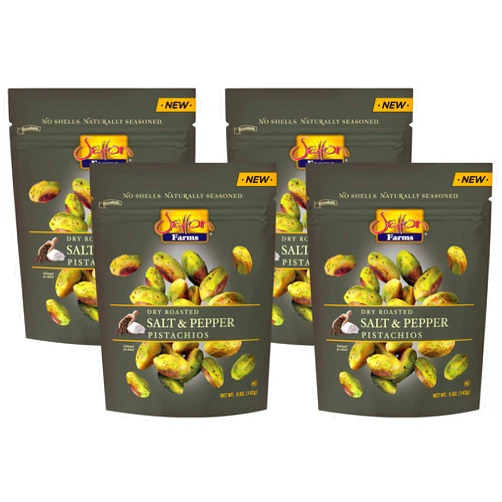 Setton Farms Naturally Seasoned Pistachio Kernels, Salt and Pepper, No Shell Pistachios, Certified Non-GMO, Gluten Free, Vegan and Kosher, 5 oz Resealable Pouch (Pack of 4)