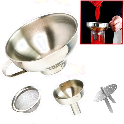 KEISSCO Stainless Steel 4-Piece Funnel and Strainer Set - Canning Funnel Kitchen Funnel Mason Jar Funnel for Transferring oils, Liquid, Fluid, Dry Ingredients & Powder, Wide & Narrow Mouth with Filter