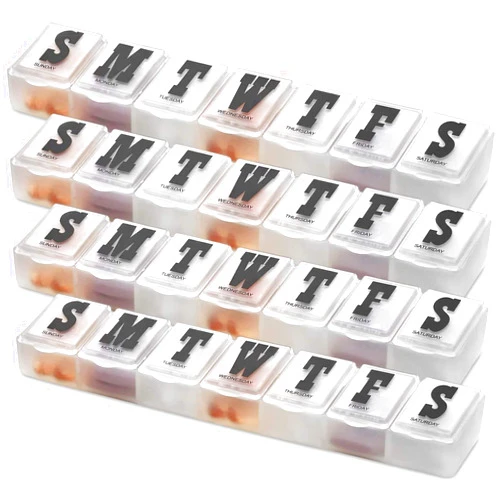 MEDca Pill Organizers - Pack of 4 Bold Letter Weekly Pill Planners for 28 Days Total to Separate Supplements, Fish Oils & Vitamins Daily Medication Reminder for Travel & Purse
