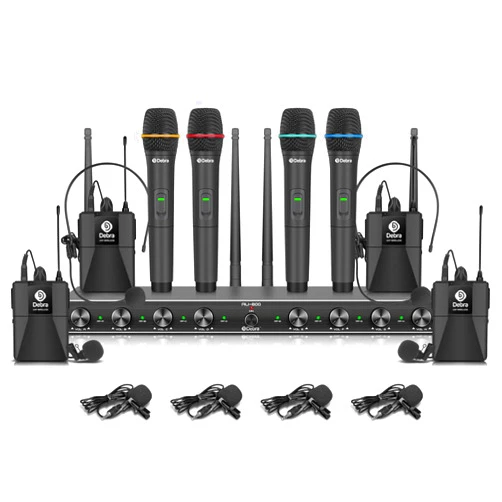 D Debra Audio AU800 Pro UHF 8 Channel Wireless Microphone System with Cordless Handheld Lavalier Headset Mics, Metal Receiver, Ideal for Karaoke Church Party (4 Handheld & 4 Bodypack)