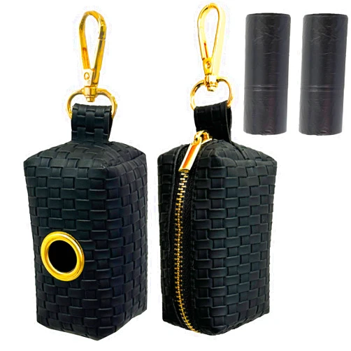 CAKOVANO Dog Poop Bag Holder for Leash, 2 Pack Dog Poop Bag Dispenser Doggie Waste Bag Holder Leather Puppy Poop Bag Carrier, includes 2 Rolls Poop Bags - Fits All Dog Leash (Black)
