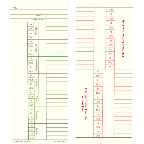 Generic 1260 Time Cards, Made In USA, 200-Count, Weekly, 2-Sided, 3 3/8