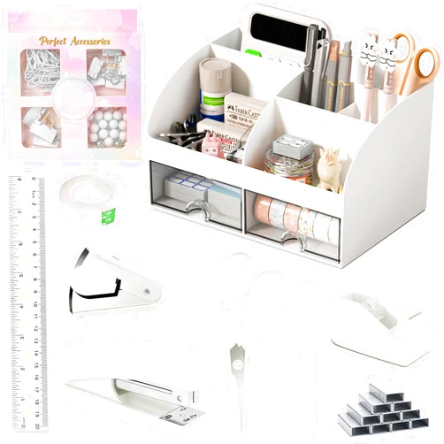 COMFYROOM Desk Accessories with Pen Holder, Office Supplies Desk Organizers and Accessories, Tape Dispenser, Stapler, Staple Remover, Staples, Clips Set, Ruler, Scissor, Pen, Tape (White)