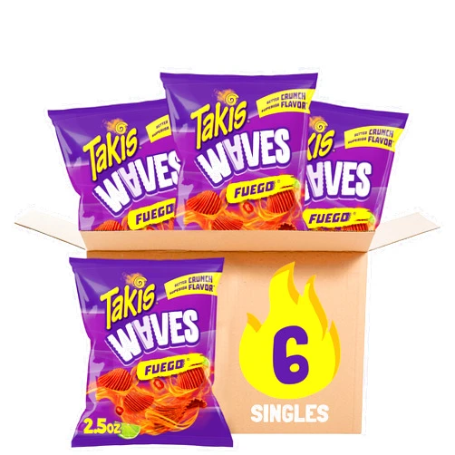 Takis Fuego Waves 6 pc / 2.5 oz Snack Size Multipack, Hot Chili Pepper & Lime Flavored Extreme Spicy Wavy Potato Chips