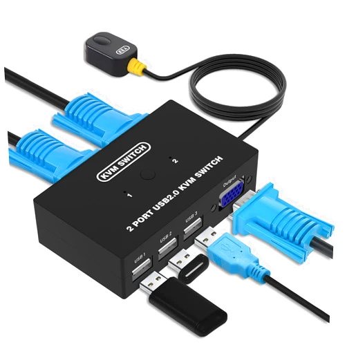 DGODRT USB VGA KVM Switch for 2 PC Sharing 1 Video Monitor and 3 USB Devices, Keyboard Mouse Scanner Printer, for Laptop PC Windows Mac OS System