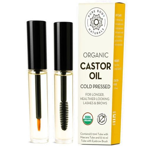 Pure Body Naturals Castor Oil for Eyelashes and Eyebrows - Nourishing Brow & Lash Growth Serum - Castor Oil Organic, Cold Pressed, Hexane Free - 2 Pre-Filled Applicators (10 ml each)