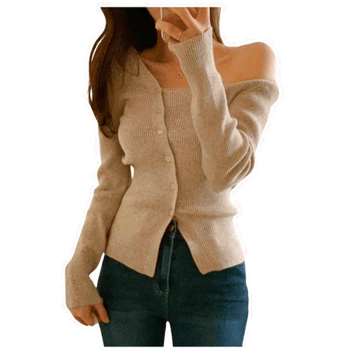 GORGLITTER Women's Off The Shoulder Sweater Asymmetrical Long Sleeve One Shoulder Button Front Cardigan Sweater Tops