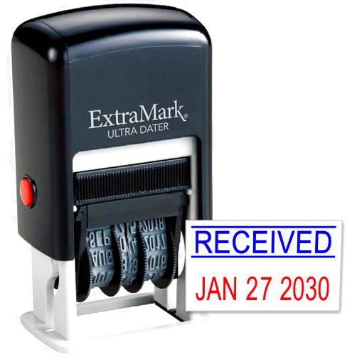 ExtraMark Ultra Dater Self-Inking Rubber Date Office Stamp with Received Phrase & Date - Style 3, Blue/Red Ink, 12-Year Band