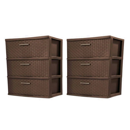 Sterilite 3 Drawer Wide Weave Storage Tower, Plastic Drawers to Organize Clothes in Bedroom, Closet, 2-Pack, Brown