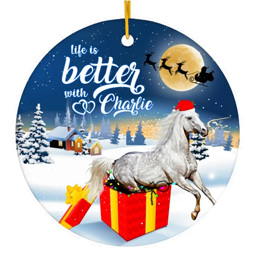 Lovesout Life is Better with Grey Horse Personalized Name Christmas Ornaments 2024 Circle White Ceramic Farm Owner Gift