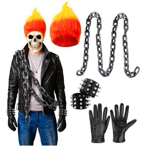 Tellingyou 5 Pcs Halloween Flame Rider Costume Motorcyclist Costume Accessories Include Fire Shape Wig Rivet Bracelet Plastic Chain Prop Leather Gloves for Men Cosplay Party