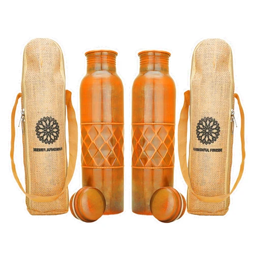 FURNISHFUL FINESSE Copper Water Bottle For Drinking Pure Copper Bottle 1000 ml Copper Vessel With Carrying Bag For Sports, Yoga, Ayurvedic Copper Bottle for Gym,Office,Hiking - Pack of 2, Diamond Pattern