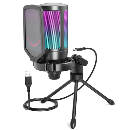 FIFINE Gaming USB Microphone for PC PS5, Condenser Mic with Quick Mute, RGB Indicator, Tripod Stand, Pop Filter, Shock Mount, Gain Control for Streaming Discord Twitch Podcasts Videos- AmpliGame