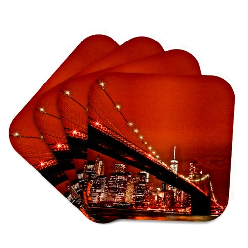 3dRose New York Scene of The Brooklyn Bridge and Manhattan Skyline at Night-Soft Coasters, Set of 4 (CST_219797_1), Mutli-Colour, 4 Count