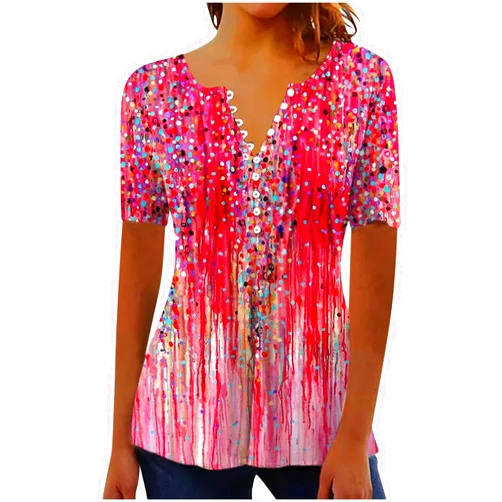 SMIDOW Summer Tops for Women 2024 Trendy Boho Floral Print Tunic Shirts Short Sleeve Button v Neck Tshirt Casual Loose Blouse