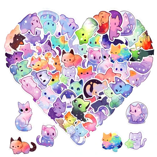 SVGDHZK 50 PCS Cartoon Cat Stickers Cute Cat Animals Sticker Purple Starry Sky Cat Waterproof Vinyl Decal for Journaling Laptop Scrapbook Water Bottles Phone Caps Luggage for Adults Teens Kids Womens