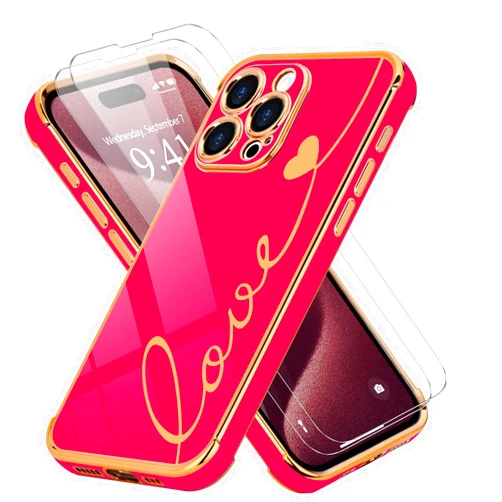LCHULLE for iPhone 15 Pro Case Cute for Women Girls [with 2 Screen Protector] Love Heart Design Luxury Plating Soft TPU Shockproof Camera Lens Protection Phone Case Cover for iPhone 15 Pro, Hot Pink